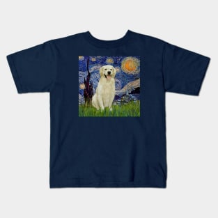 Starry Night by Van Gogh Adapted to Include a Light Golden Retriever Kids T-Shirt